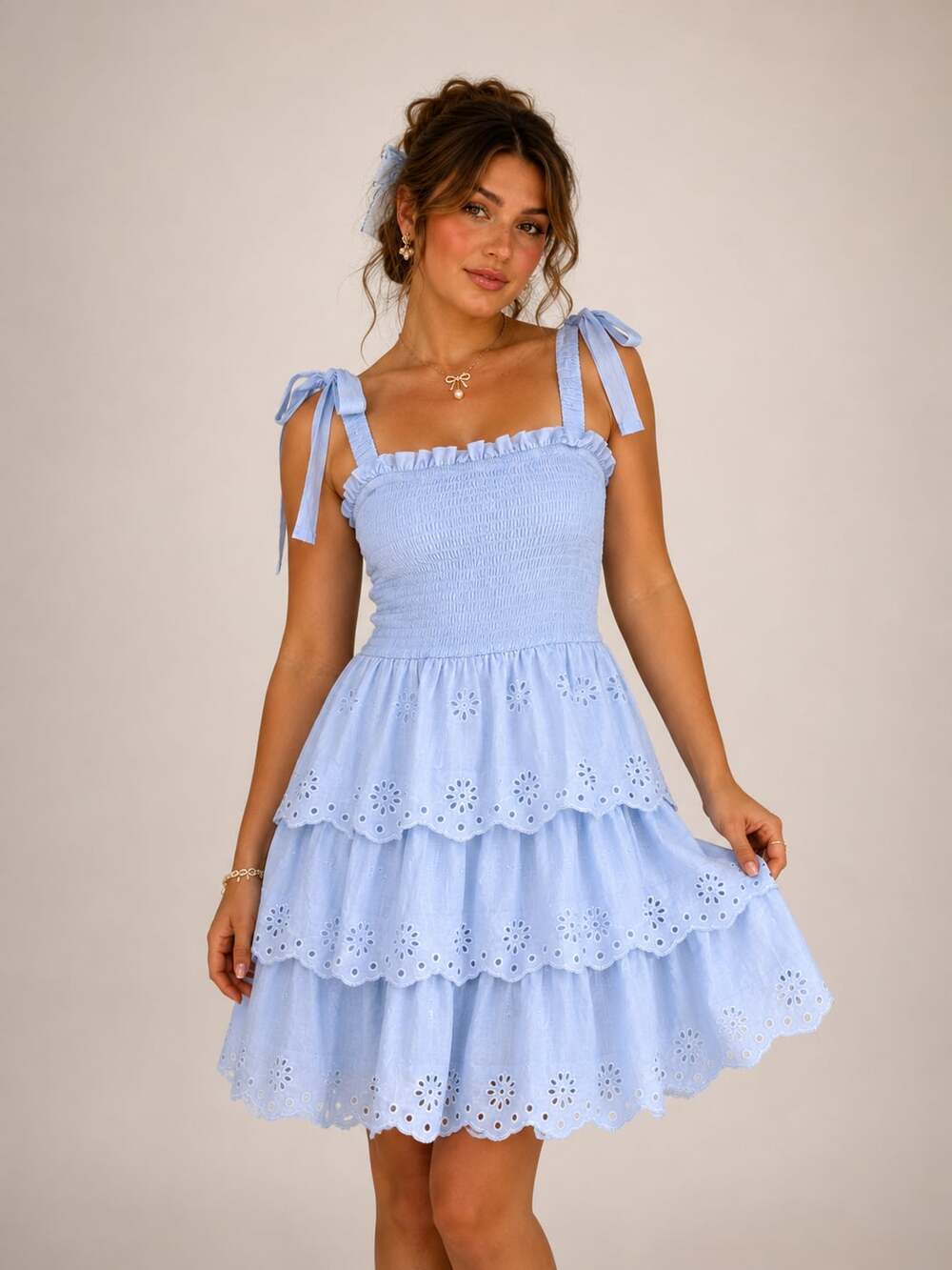 Sincerely Jules Baby Blue Eyelet Tiered Sundress Coquette Cottagecore